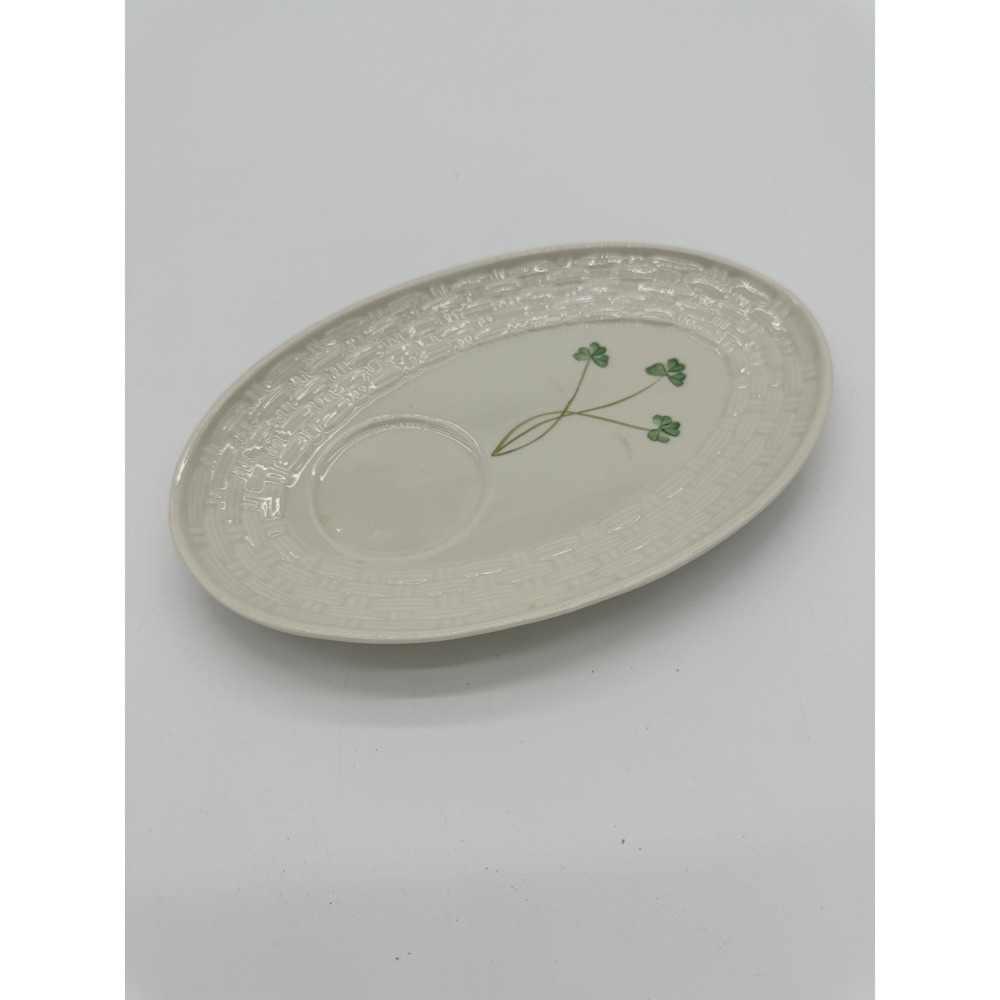 Belleek Snack Plate Everyday Basketweave Shamrock Oval Tea Saucer Cream 10in
